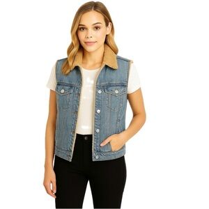 CQY harper denim vest xs cotton blue cream sherpa lined quiet luxury